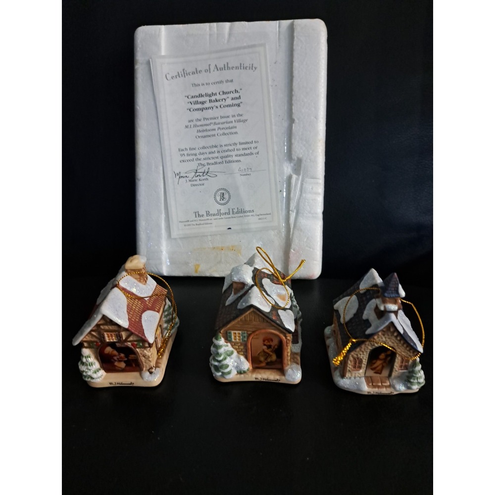 3~BRADFORD‎ EDITIONS MJ HUMMEL VILLAGE ILLUMINATED ORNAMENTS~CHURCH BAKERY HOUSE